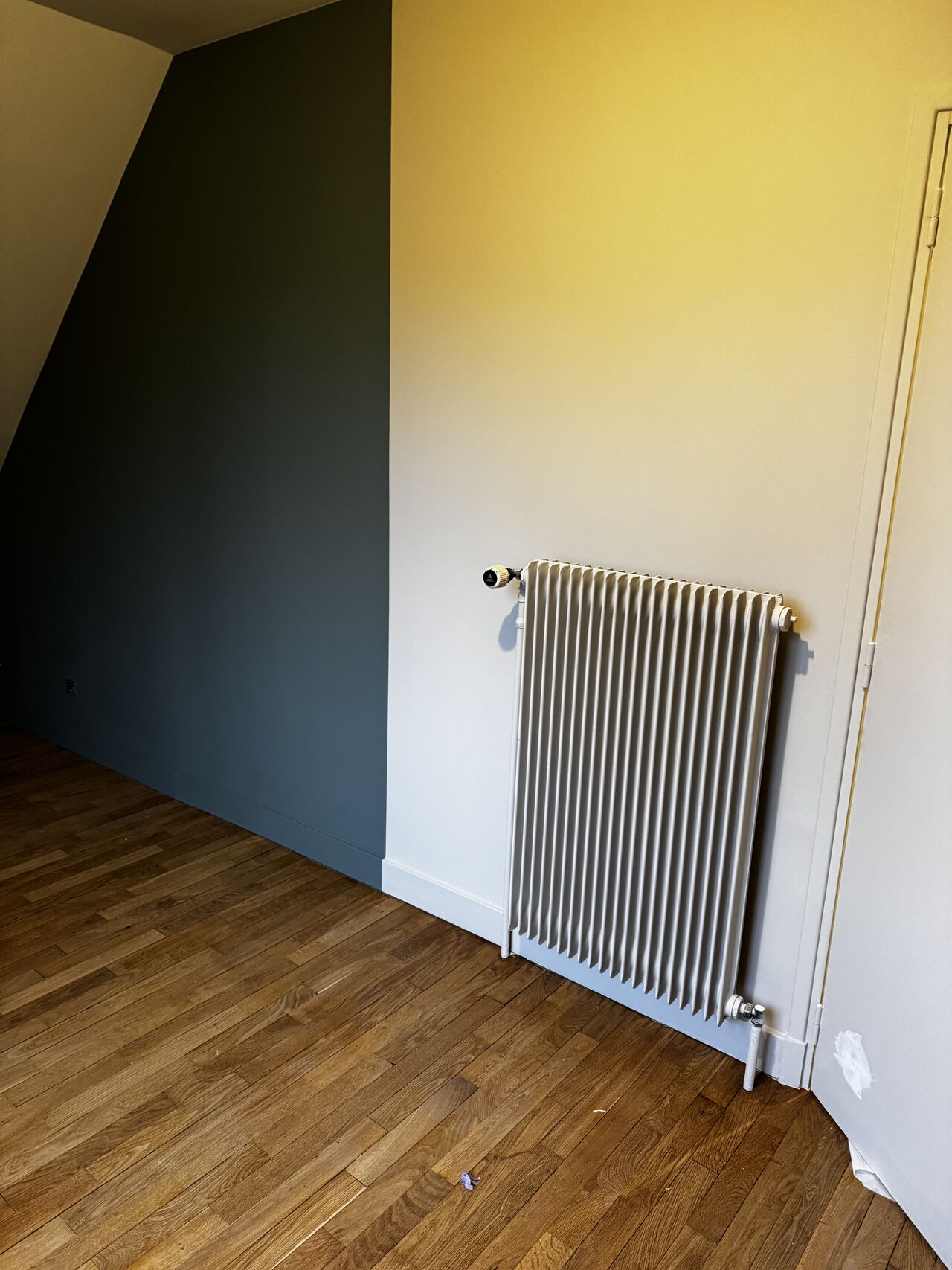 Mur bleu profond et mur clair dans une pièce rénovée